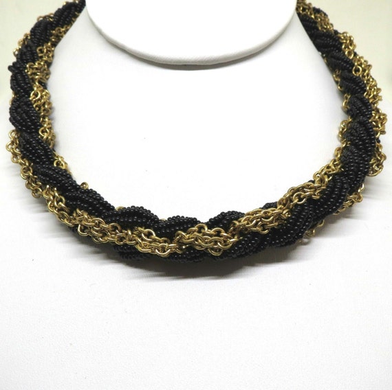 Black Necklace Vintage Gold Tone Black Seed Pearls Chain