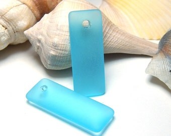 2 Turquoise Sea Glass Pendants, Blue Pendants, Sea Glass Charms, Blue Matte Pendant, Rectangle Pendant, Ocean Pendant, Beach Pendants D-E50