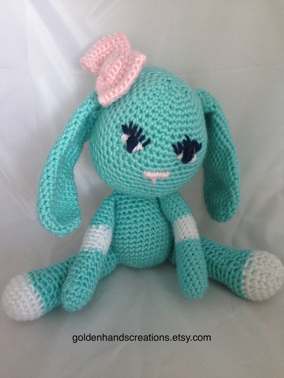 Amigurumi bunny crocheted robin egg blue with pink bow