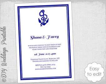 Printable "Nautical" wedding invitation template DIY Navy Blue Anchor printable invitations YOU EDIT beach digital Word / Jpg download