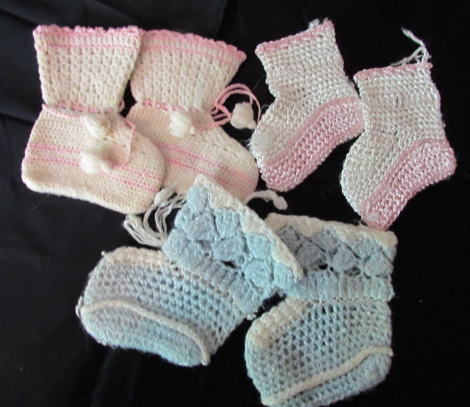 Trio Vintage Baby Booties in Pink and Blue by maudesvintageware