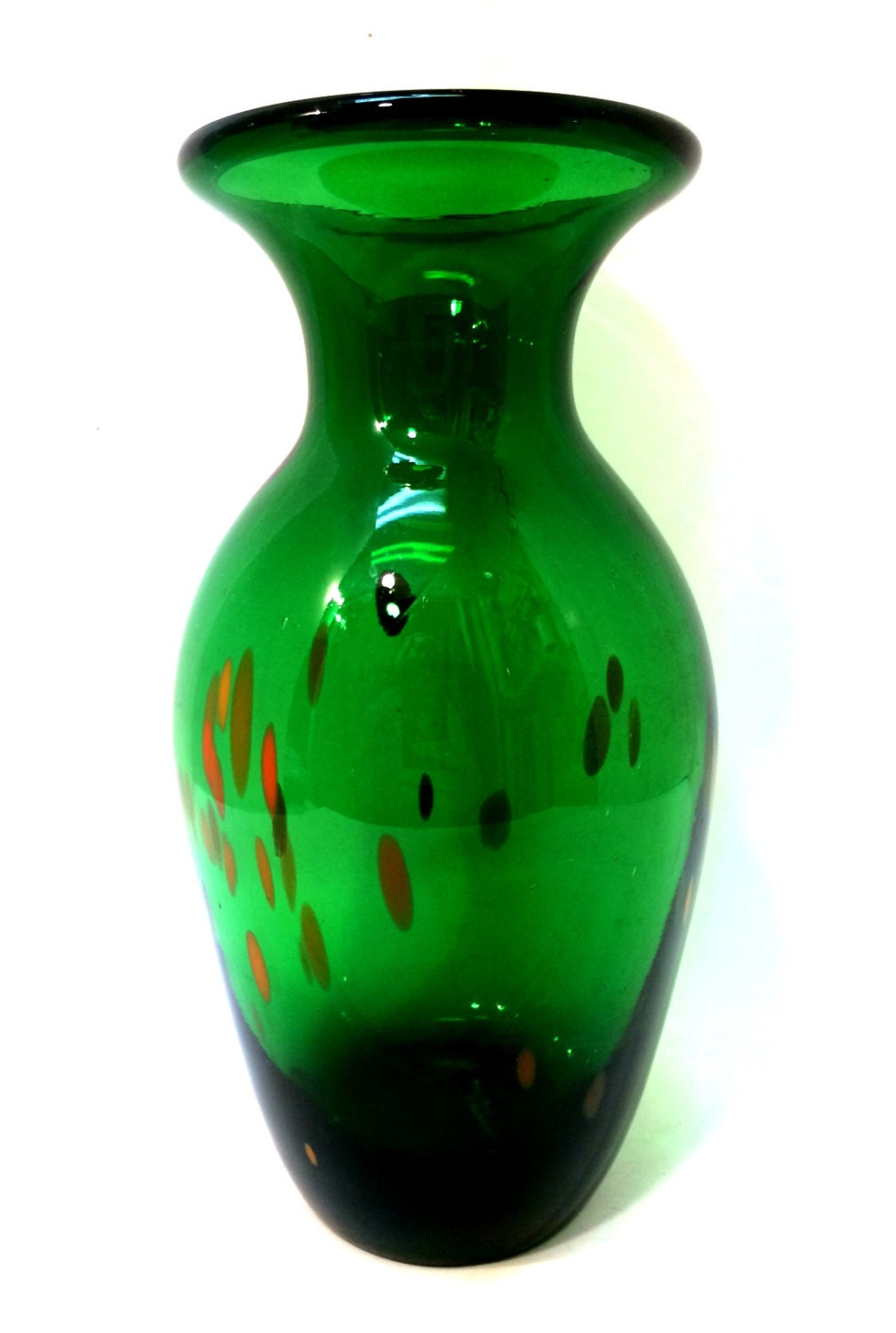 Green Art Glass Vase w/ Orange Drip Accents by beachcatsbargains