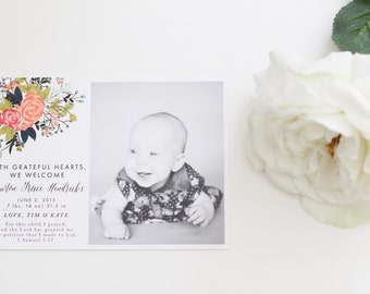 Floral Birth Announcement | Baby Announcement | Single Photo Birth Announcement | Photo Baby Announcement | Flowers | Black and White