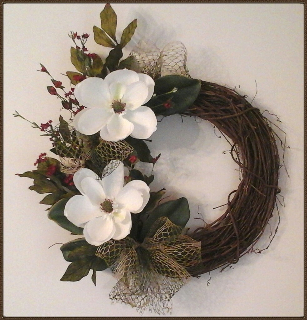 Magnolia Wreath Real Touch Grapevine by GiftsByWhatABeautifu