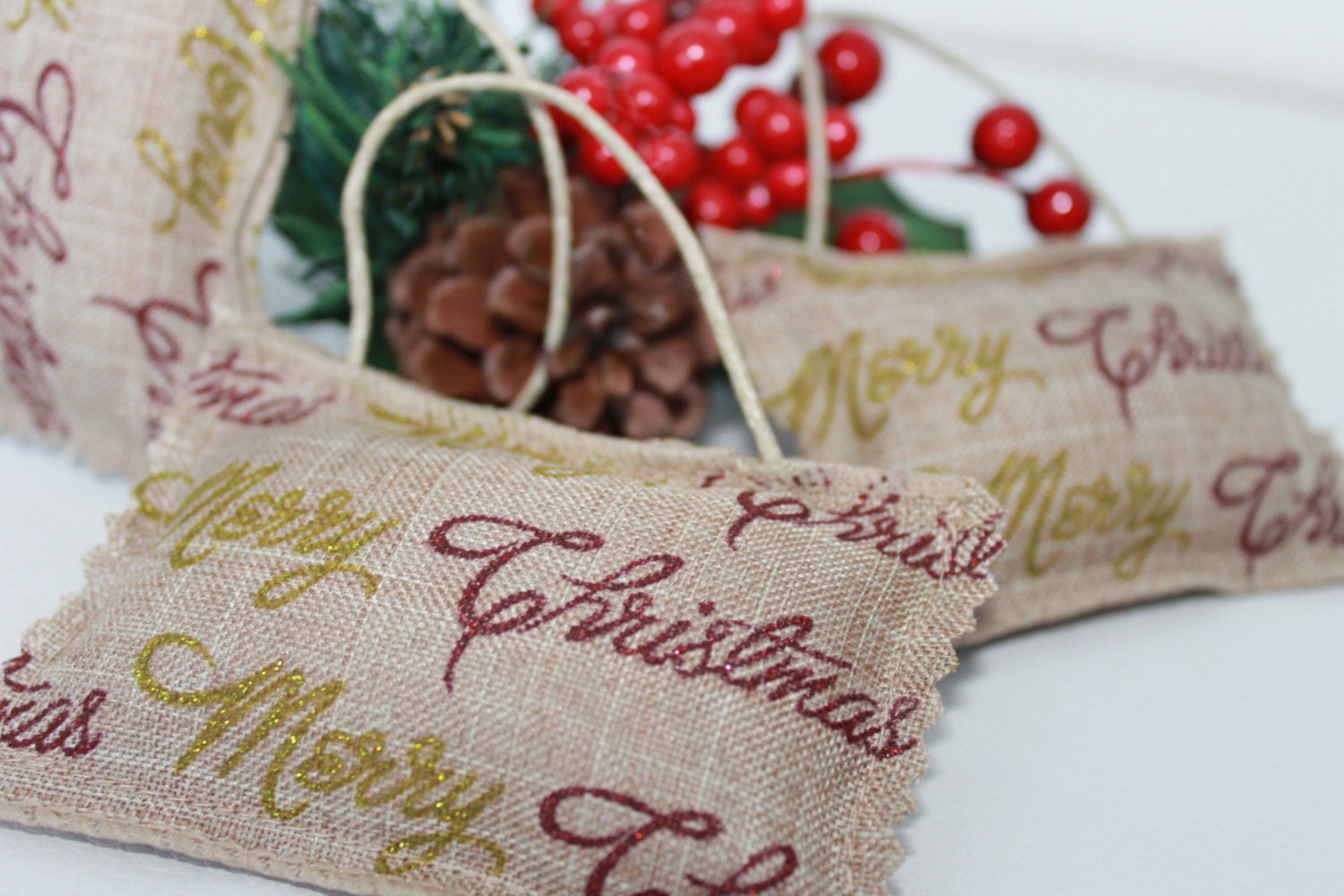 Christmas hanging decoration Christmas bag ornament set of 3 Shabby Chic Linen Fabric textile ornament Christmas holiday gift presents