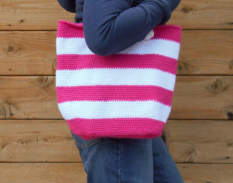 Crochet Tote Bag Pink & White Stripes by LoveArtPigs on Etsy