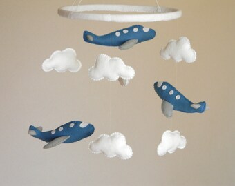 SALE 20% Airplane mobile, Baby mobile, Mobile, Nursery Mobile, Nursery decor, Felt mobile, blue grey felt airplanes and white clouds
