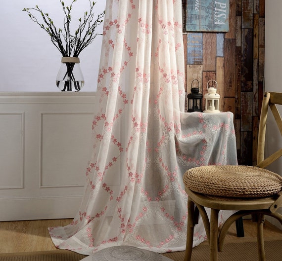 Two Pink White Floral Sheer Curtains Custom Made by HereIsTheShop