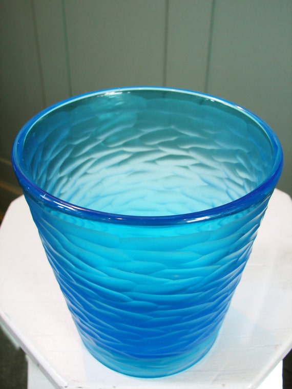Vintage Hand Blown Art Glass Vase Aqua Blue Etched Rippling