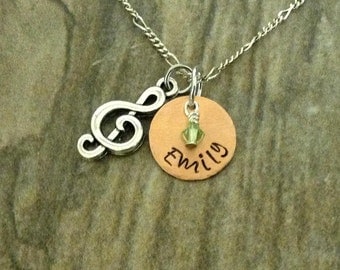 Hand Stamped Personalized Necklace with Mini Birthstone, Music, Music Note, Treble Clef