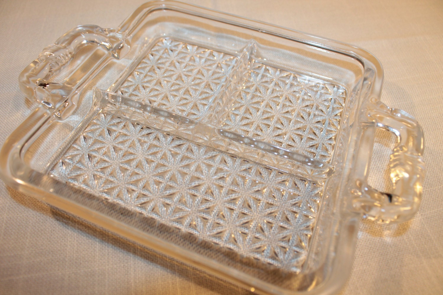 Heavy Pressed Glass Relish Tray with Handles 3 Sections Haute Juice
