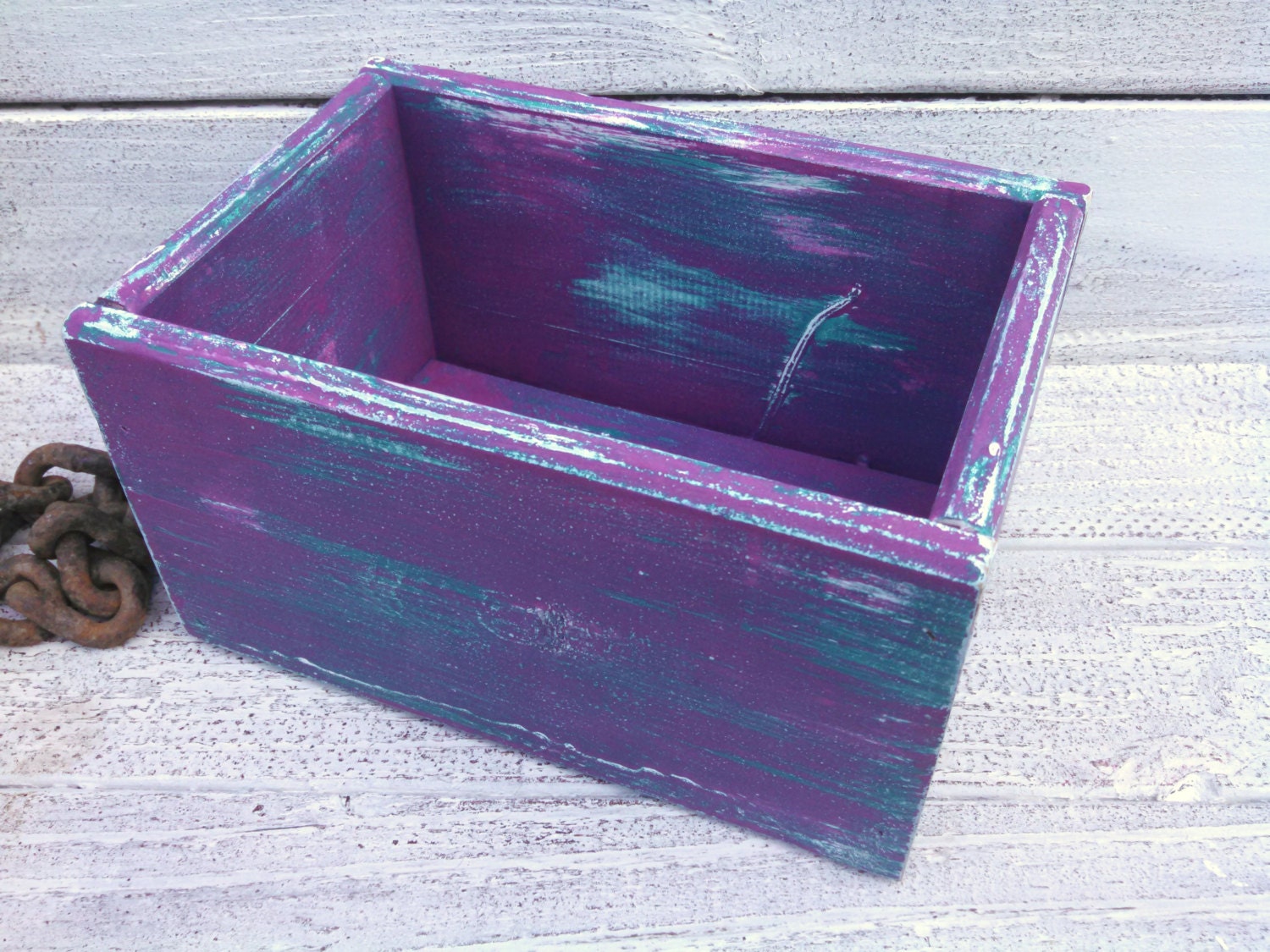 Rustic Teal Purple Painted Planter Box Wooden Box Painted Box