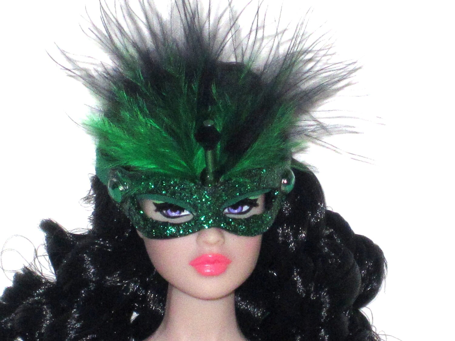 Barbie Doll Mask Green Feathers and Glitter over Genuine