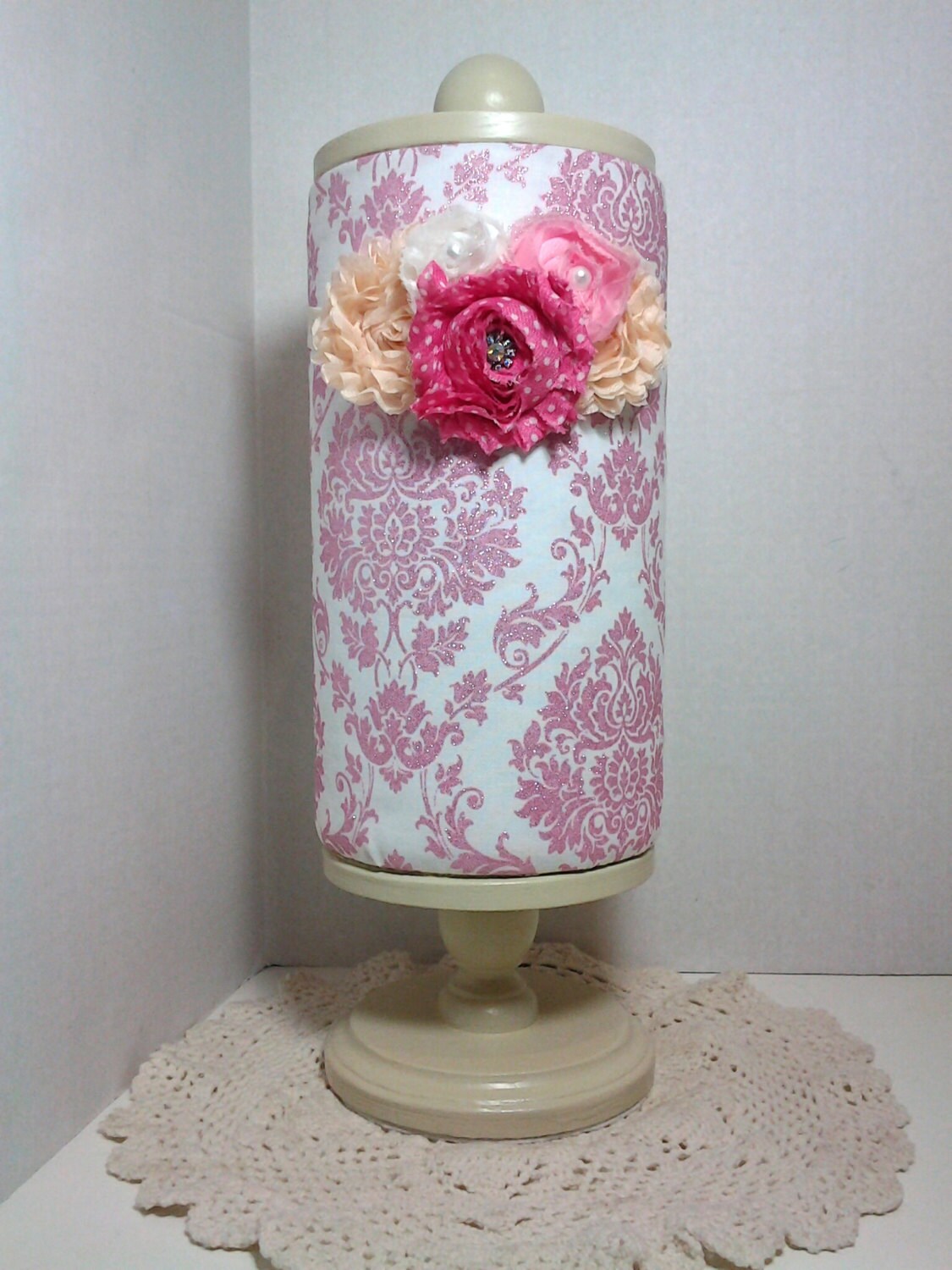 Baby Headband Holder Stand pink damask has inside storage and