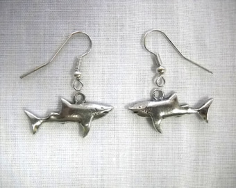 Pewter Ocean Life Realistic Great White SHARK Jaws Dangling Beach Fun Surf Style Fashion Pair Of Earrings Sharks Shark Week Tiger Sharks