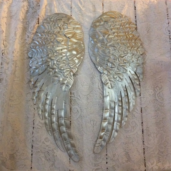 Large metal Angel wings wall decor distressed white