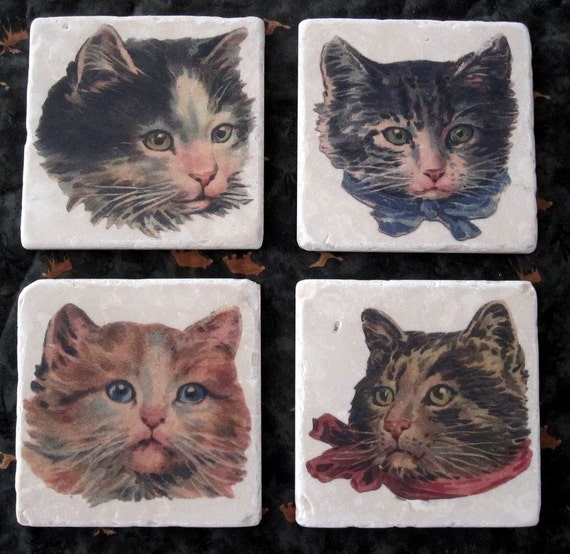 Stone Tile Coasters Vintage Cats Set of Four by WoodstoneStudio