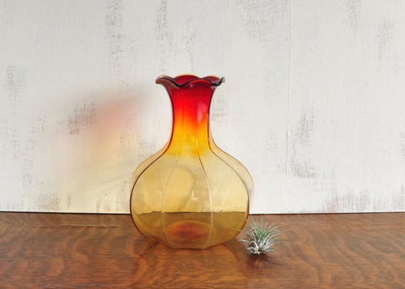 Vintage Fluted Amberina Vase Red and Yellow by HedgehogAndOwl