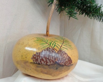 Pine cones hand painted on small tobacco gourd, hand painted gourd art by Debbie Easley