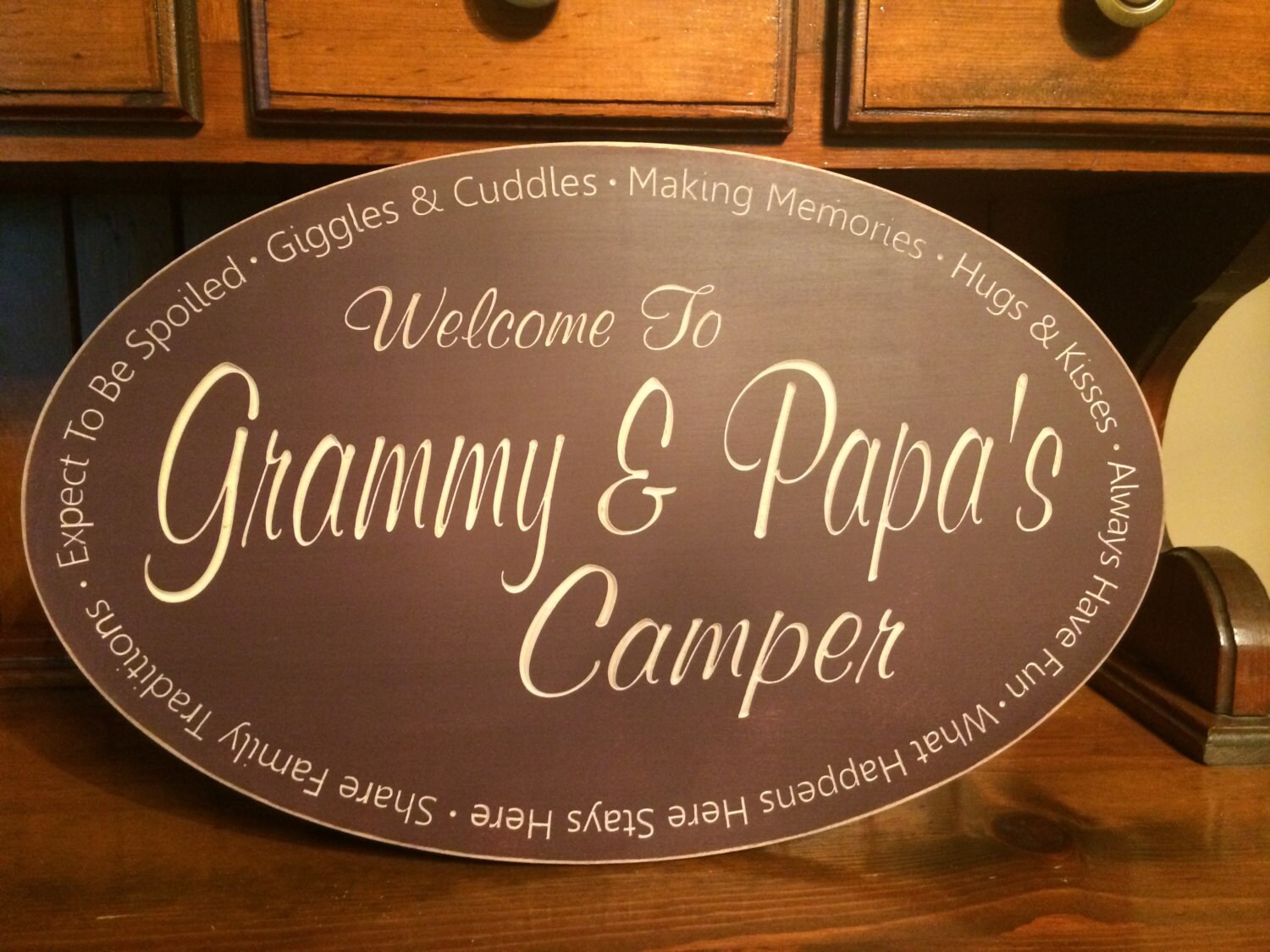 Personalized Carved Wooden Sign - Welcome to GRANDPARENTS Camper - Oval ...