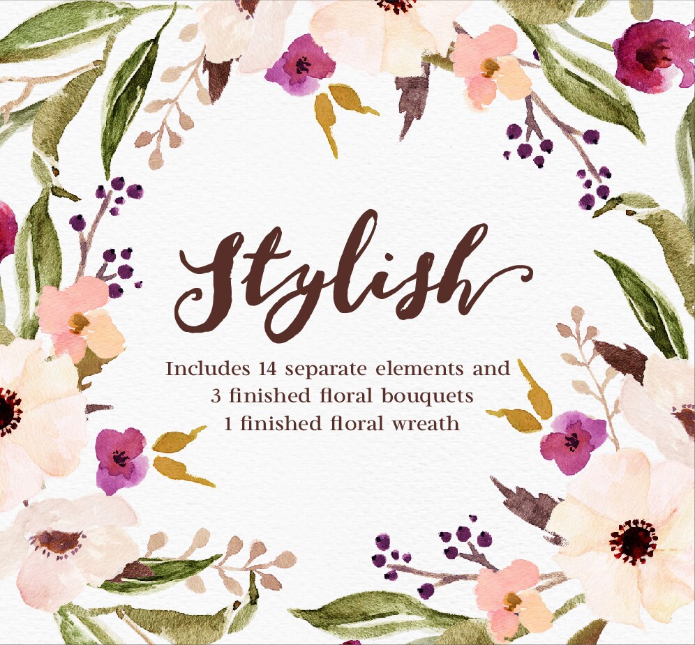 Watercolour Floral Clip Art-Stylish//Separate PNG files/Hand