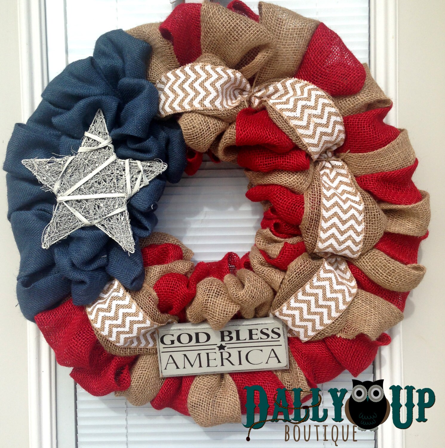 4th of July Wreath-Fourth of July Wreath- Red White and Blue Burlap Wreath-Summer Wreath- Patriotic burlap wreath- God Bless America Sign