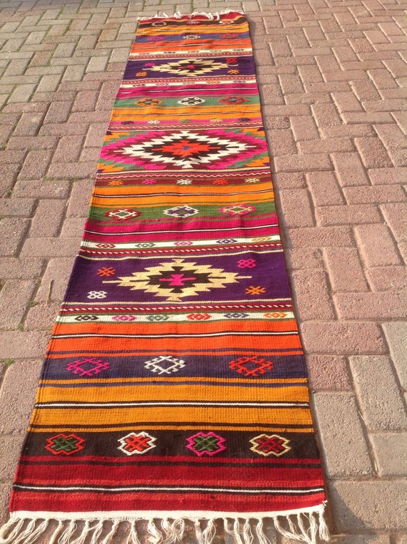 Colorful VINTAGE Turkish hallway Runner Kilim Rug by KilimRugStore