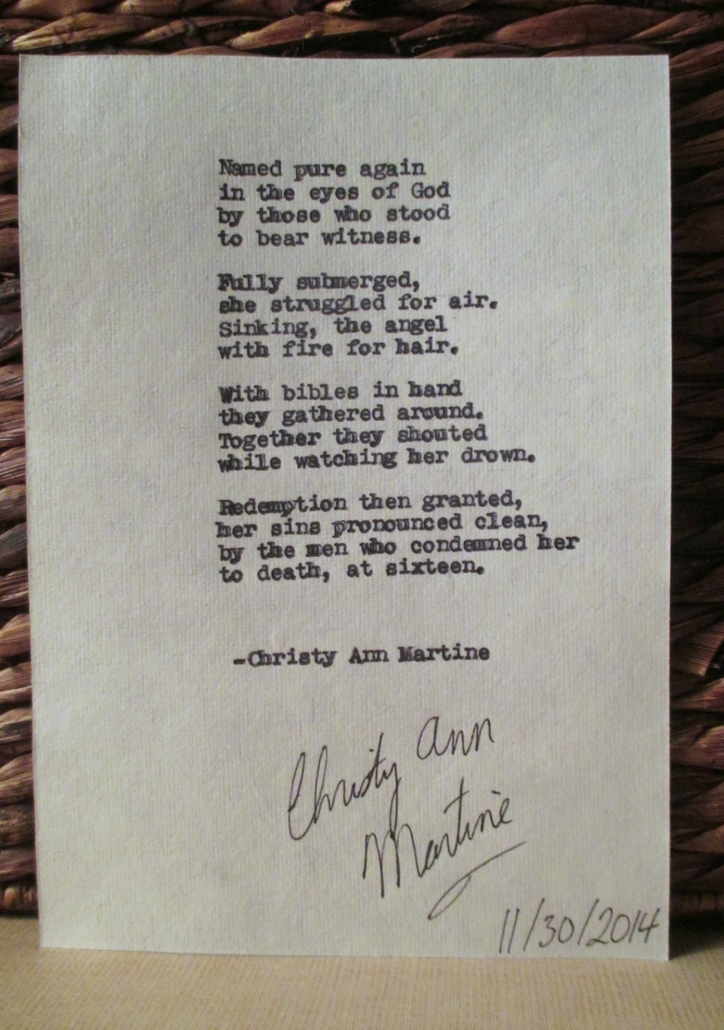 Poetry Poems Salem Witch Trial Poem Hand Typed Onto Handmade