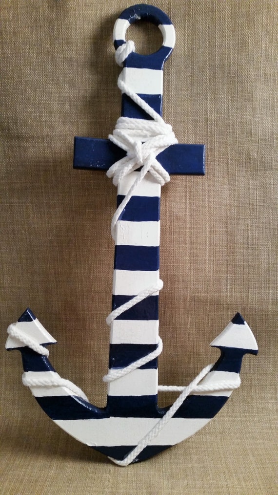Items similar to Striped Wood Anchor, Wood Anchor Wall Decor, Blue and