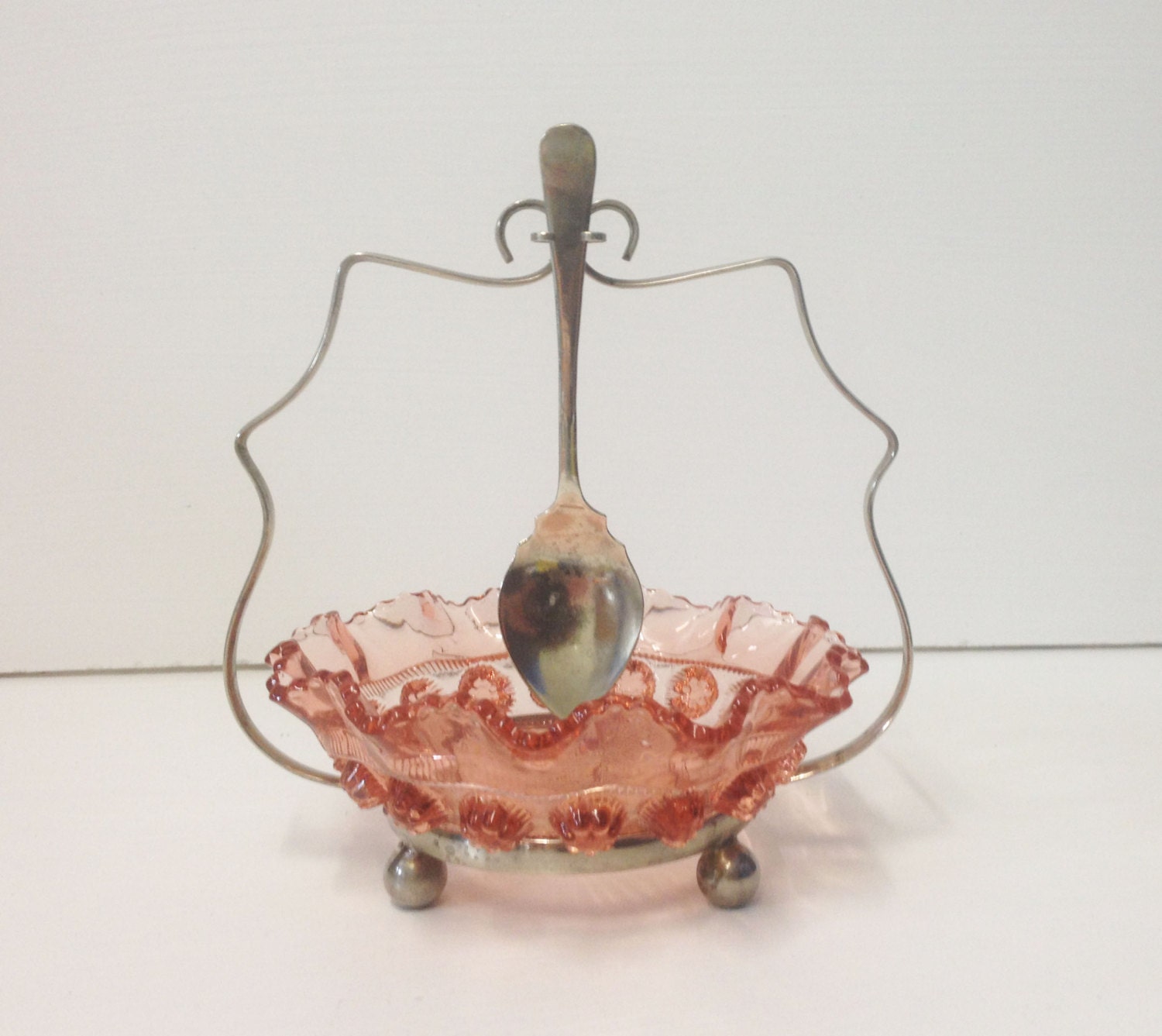Vintage Jam Serving Set of a pink glass bowl with a Silver Plated stand