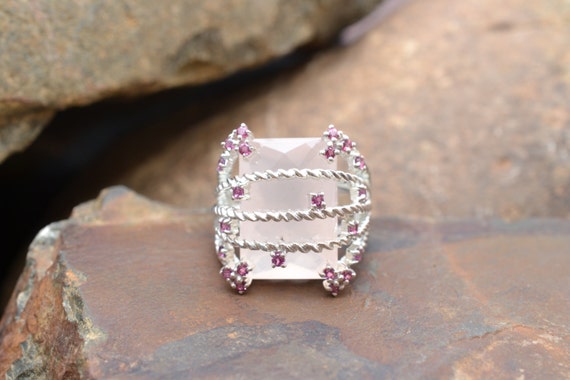 Bold Sterling Silver and Pink Stone Statement Ring with Heart Accents