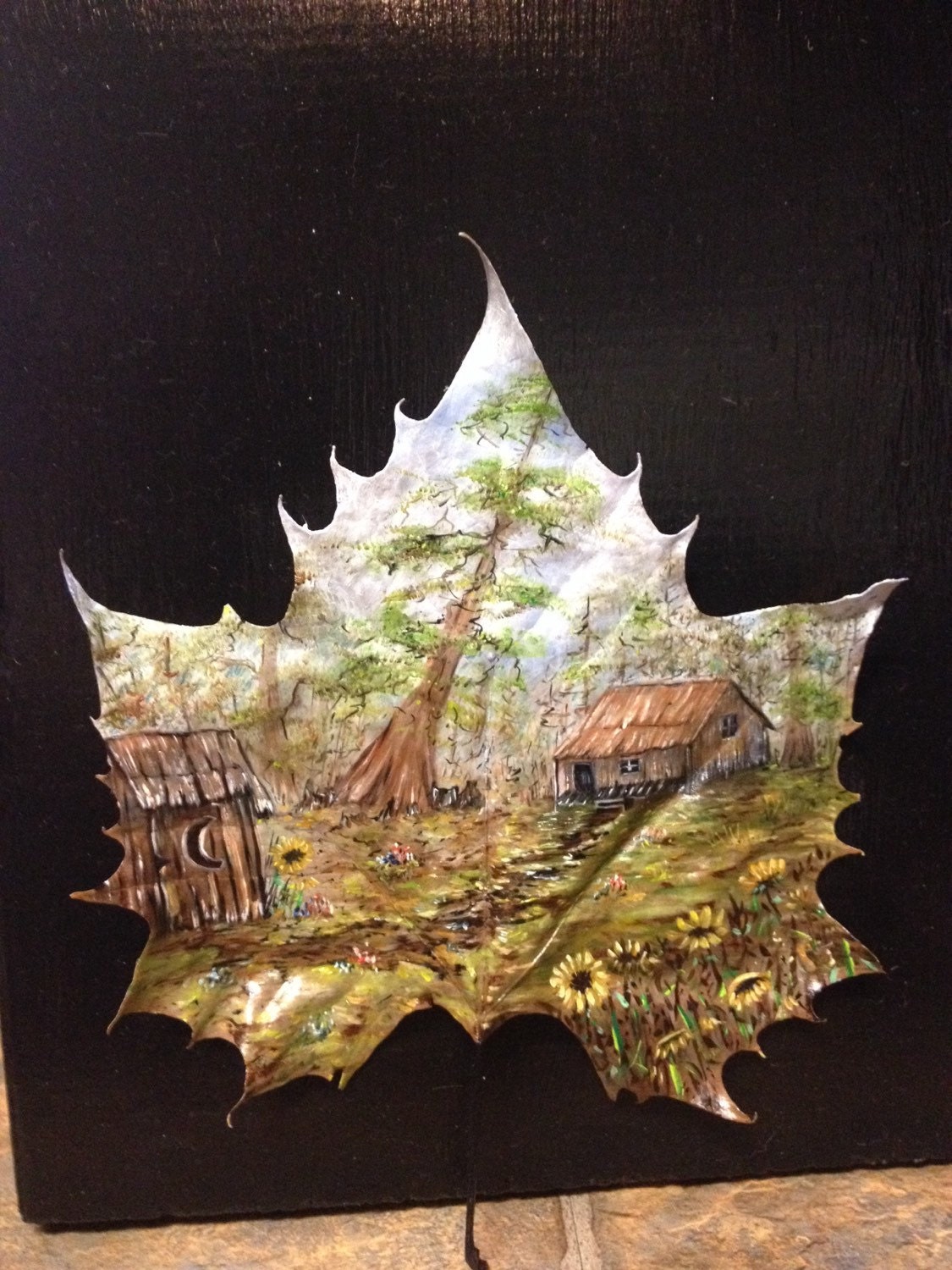 Painted leaf framed leaf art oil painting landscape