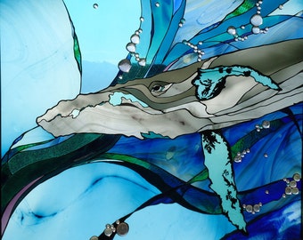 SALE.. was 12950.00 now 8475.00 "SERENITY" european hand blown glass, hand poured glass, stained glass panel,artist private collection