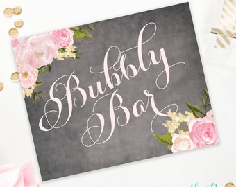 Emily - Bubbly Bar Sign - Chalkboard & Pink Floral - Mimosa/Champagne Bar Sign - Bridal Shower Sign - Printable Instant Download - 8x10