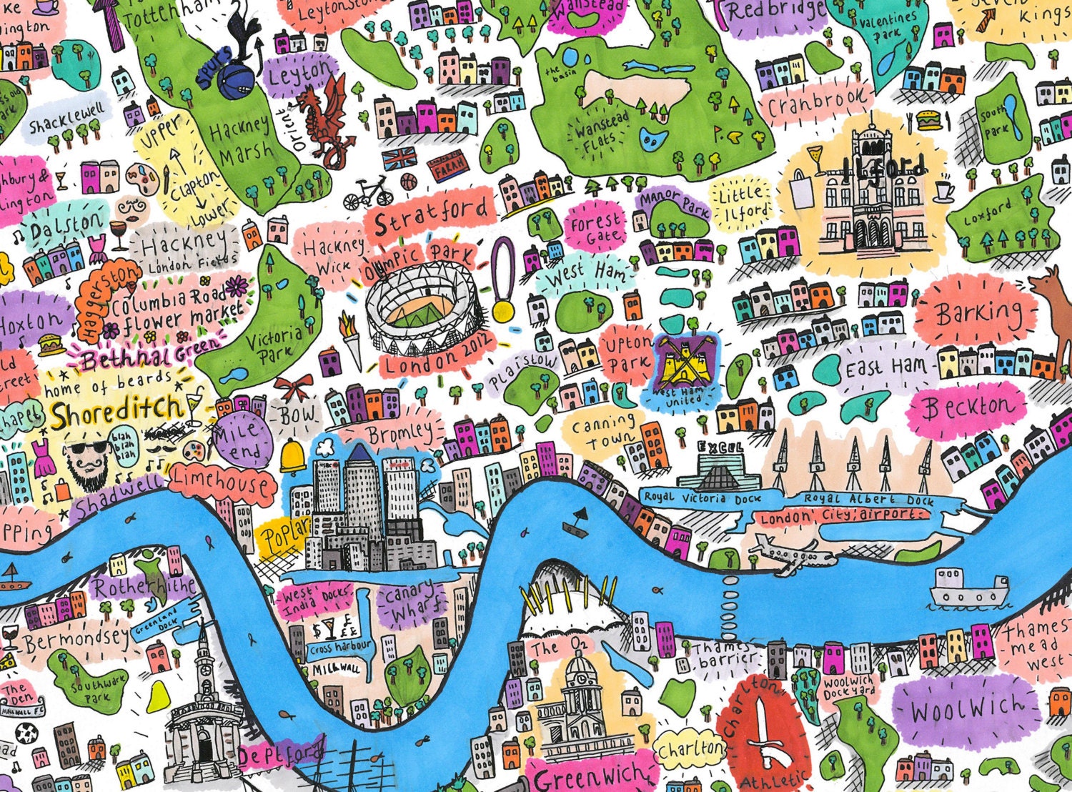 A4 Illustrated map of East and South East London by HouseofCally