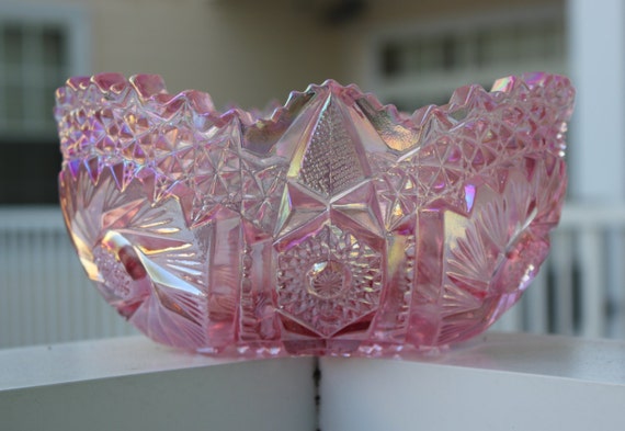 Iridescent pink glass bowl cut glass bowl vintage by BlueWolfHome