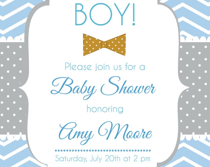 Baby Shower Invitation. Baby boy. Bowtie babyshower invite. Chevron style babyshower invitation. Printable