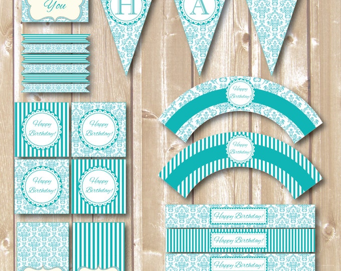 Birthday Party Teal package. Blue Printables. White Blue . Teal Birthday printables.