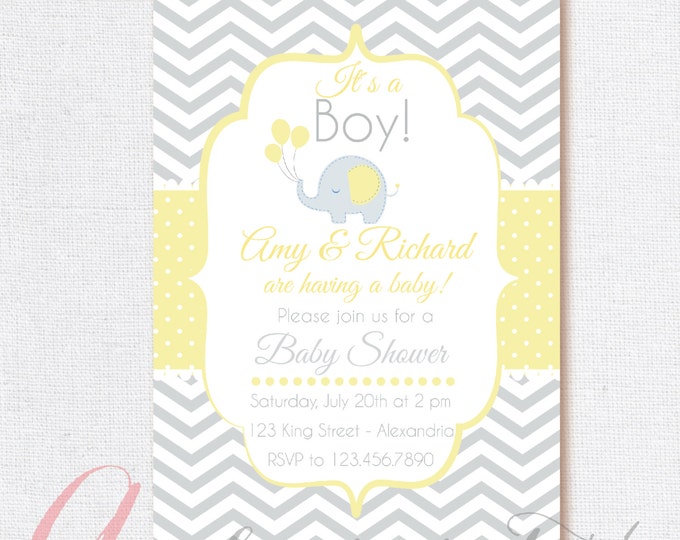 Baby Shower Invitation. Gray chevron and yellow invitation. Boy babyshower. Elephant babyshower. Pastel tone babyshower. Printable