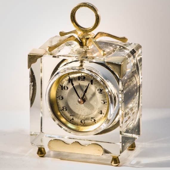 Glass desk clock VINTAGE art deco Czech by TouchstoneVintage