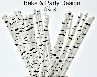 25 Piece Paper Straws Vintage Birch Black White Supplies Baby Shower Birthday Party Wedding Bridal Shower