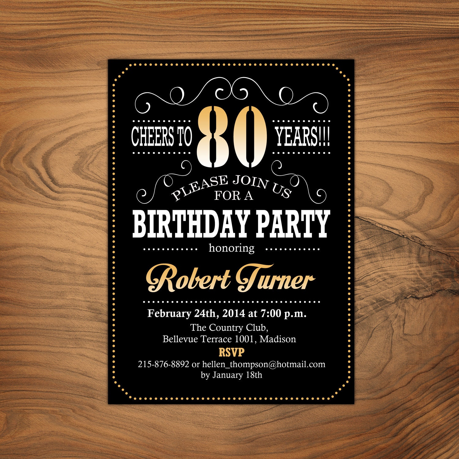 80th Birthday Invitation / Cheers To 80 Years / Any Age / Gold