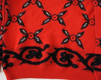 Vintage 1980's - Bright Red and Black Flowered Sweater Comfy Women's Large