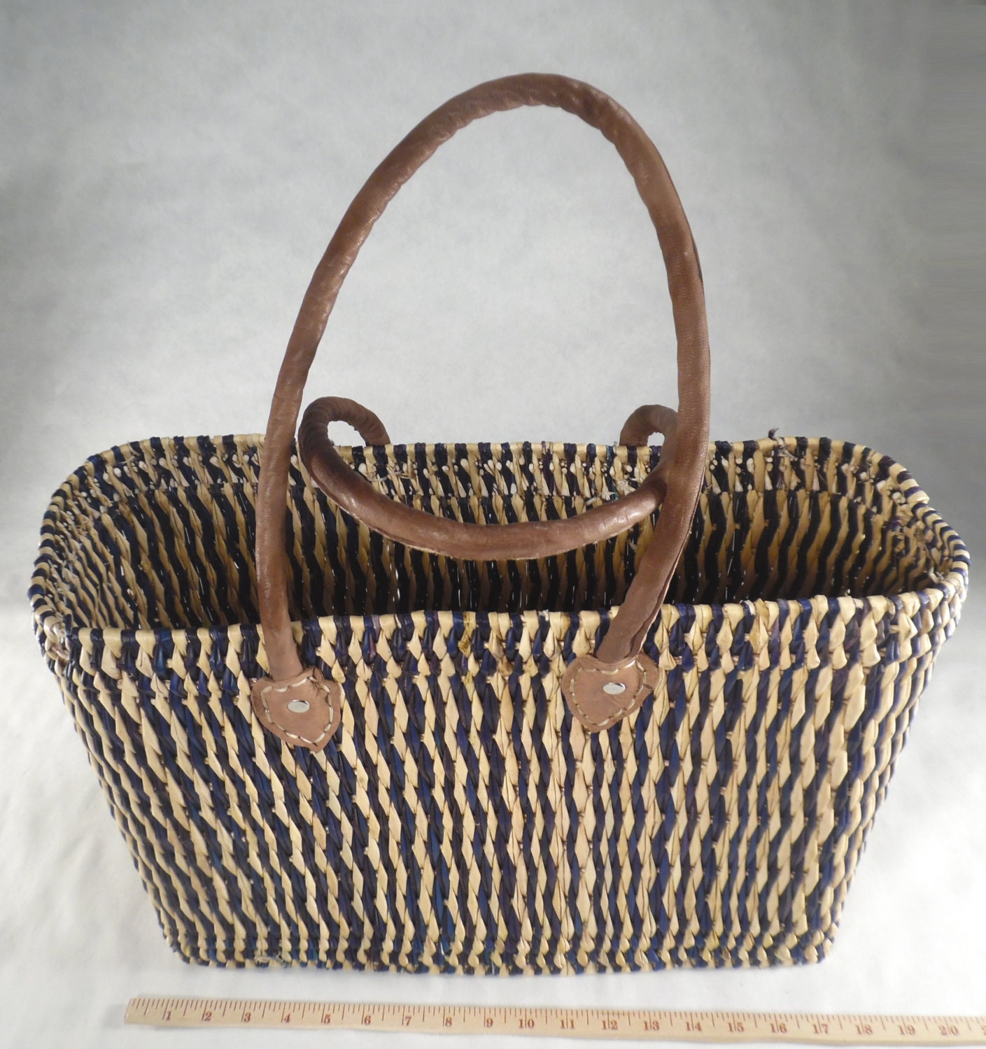 Large Moroccan Tote Blue Sturdy Straw Basket by CAJAfrica