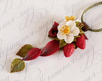 Strawberry necklace. Strawberry blossom polymer clay necklace. Red berries pendant with flowers and leaves. Polymer clay art jewelry