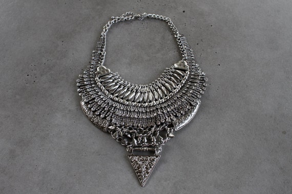 Statement Necklace - Handcrafted: Harper. Handcrafted Silver crystal layered & stacked rhinestone ethnic bohemian necklace
