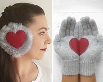 VALENTINE&#39;S DAY GIFT, Heart Earmuffs, Heart Gloves, Ear Warmer, Faux Fur, Hearts, Gift For Her, Grey, Cherry Heart, Valentine&#39;s Gift Idea. - il_214x170.720063860_1qit