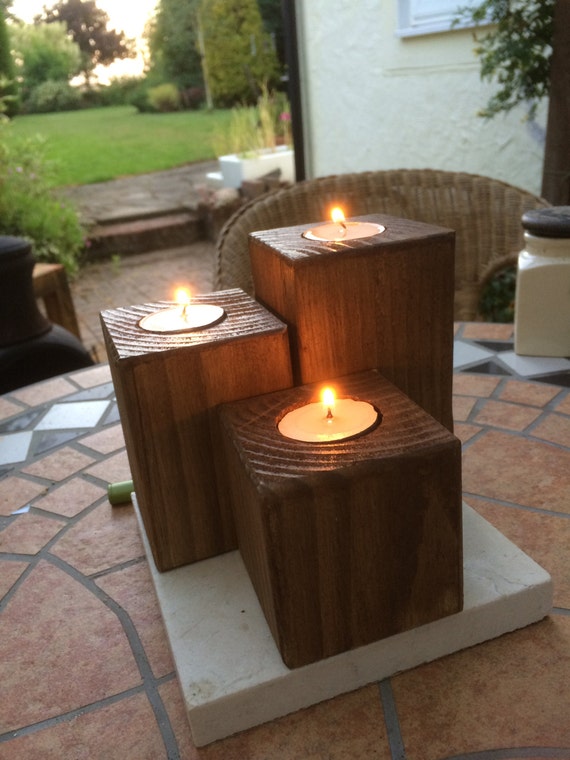 set of 3 square wooden rustic tea light holders
