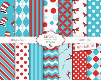 Dr Seuss Inspired Digital Paper Set-The Cat in the Hat- 14 Digital Papers with hats, kites, stripes- for invites, graphics, birthday parties