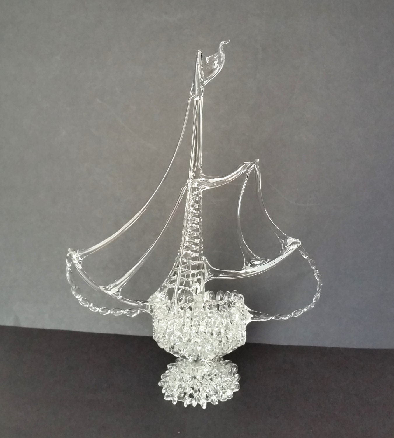 Vintage crystal clear Spun glass sailing boat figurine statue